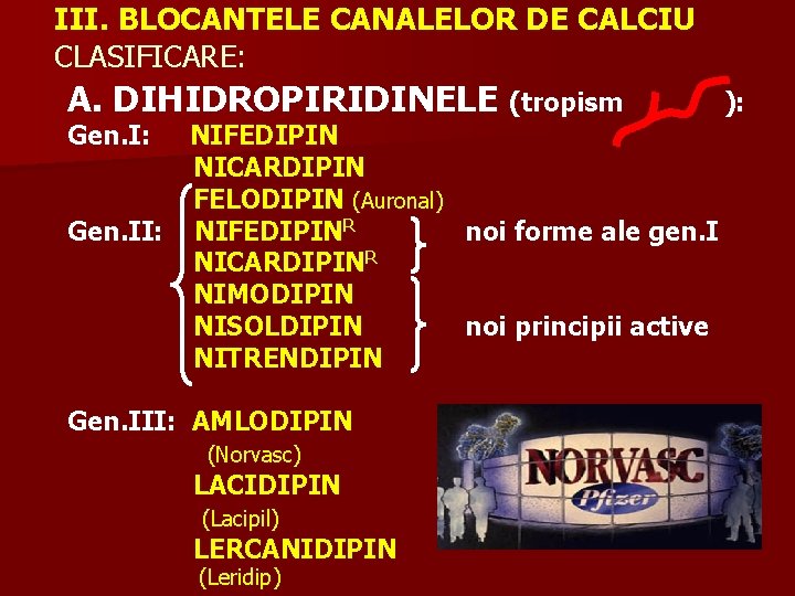 III. BLOCANTELE CANALELOR DE CALCIU CLASIFICARE: A. DIHIDROPIRIDINELE (tropism Gen. I: NIFEDIPIN NICARDIPIN FELODIPIN