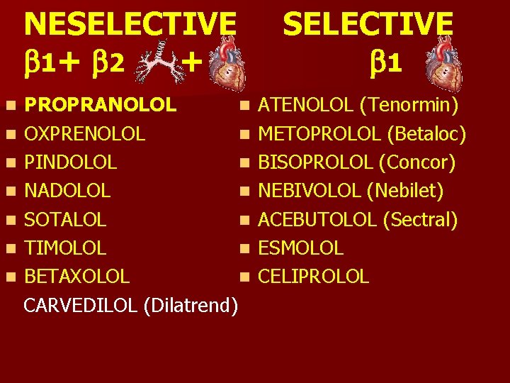 NESELECTIVE 1+ 2 + PROPRANOLOL n n OXPRENOLOL n n PINDOLOL n n NADOLOL