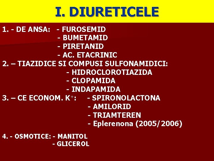 I. DIURETICELE 1. - DE ANSA: - FUROSEMID - BUMETAMID - PIRETANID - AC.