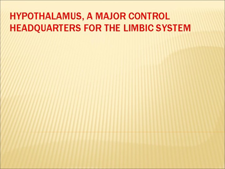 HYPOTHALAMUS, A MAJOR CONTROL HEADQUARTERS FOR THE LIMBIC SYSTEM 