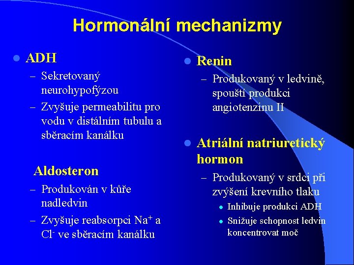 Hormonální mechanizmy l ADH l – Sekretovaný neurohypofýzou – Zvyšuje permeabilitu pro vodu v