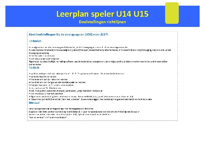 Leerplan speler U 14 U 15 Doelstellingen richtlijnen 