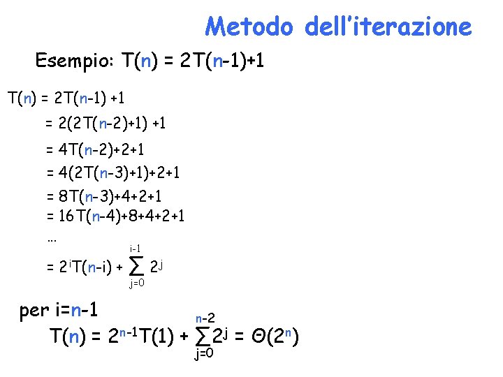 Metodo dell’iterazione Esempio: T(n) = 2 T(n-1)+1 T(n) = 2 T(n-1) +1 = 2(2