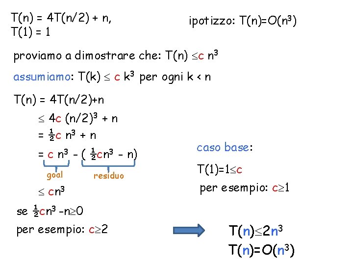 T(n) = 4 T(n/2) + n, T(1) = 1 ipotizzo: T(n)=O(n 3) proviamo a