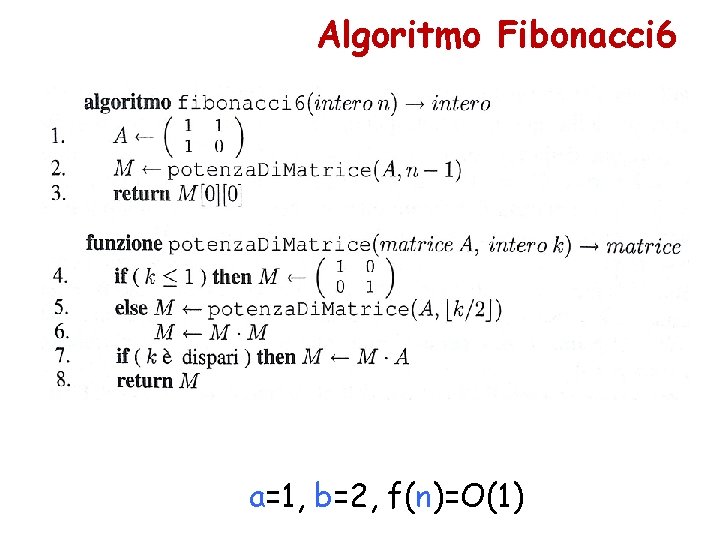 Algoritmo Fibonacci 6 a=1, b=2, f(n)=O(1) 
