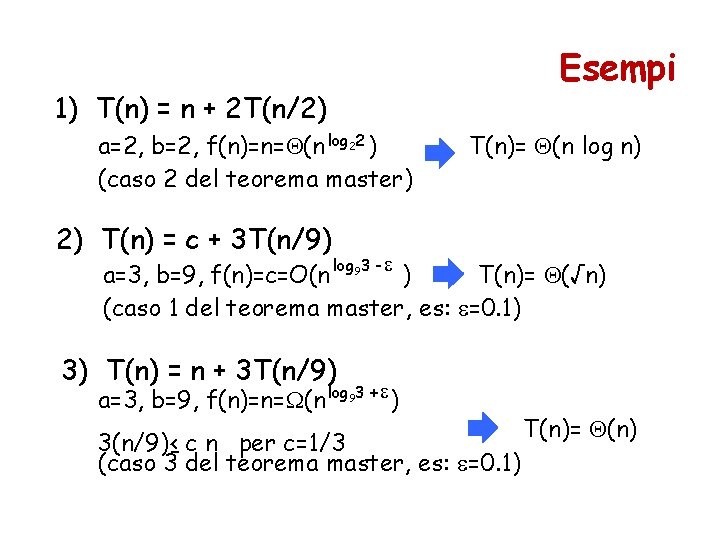 Esempi 1) T(n) = n + 2 T(n/2) a=2, b=2, f(n)=n= (n log 22
