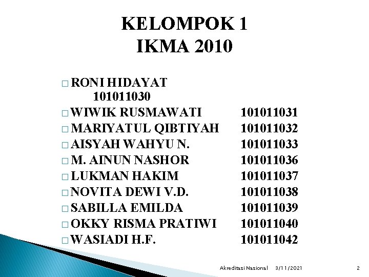 KELOMPOK 1 IKMA 2010 � RONI HIDAYAT 101011030 � WIWIK RUSMAWATI � MARIYATUL QIBTIYAH