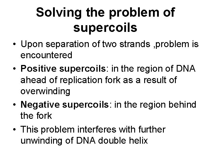 Solving the problem of supercoils • Upon separation of two strands , problem is