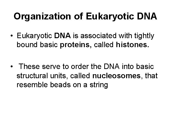 Organization of Eukaryotic DNA • Eukaryotic DNA is associated with tightly bound basic proteins,