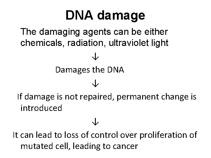 DNA damage The damaging agents can be either chemicals, radiation, ultraviolet light ↓ Damages