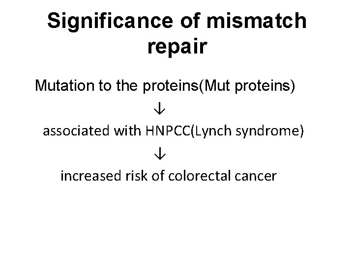 Significance of mismatch repair Mutation to the proteins(Mut proteins) ↓ associated with HNPCC(Lynch syndrome)