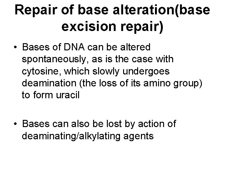 Repair of base alteration(base excision repair) • Bases of DNA can be altered spontaneously,