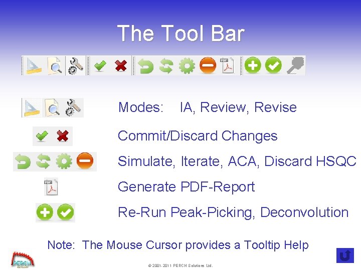 The Tool Bar Modes: IA, Review, Revise Commit/Discard Changes Simulate, Iterate, ACA, Discard HSQC