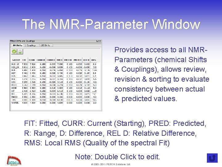 The NMR-Parameter Window Provides access to all NMRParameters (chemical Shifts & Couplings), allows review,