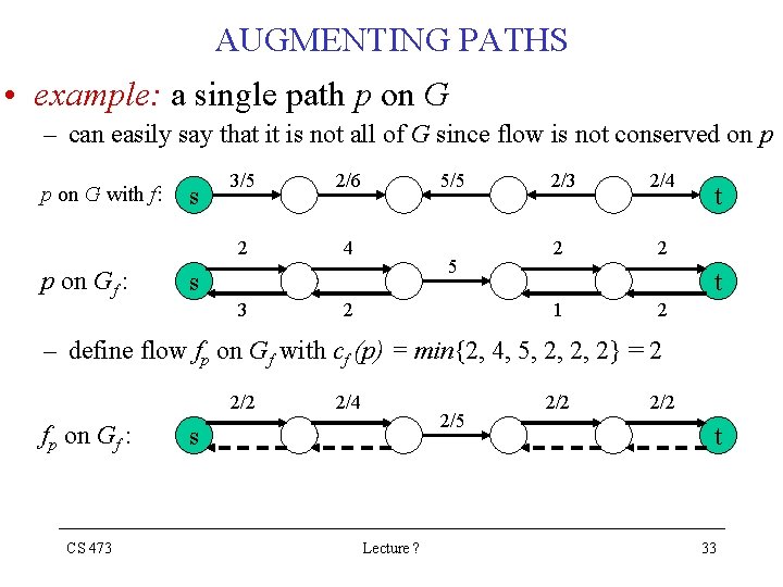 AUGMENTING PATHS • example: a single path p on G – can easily say AUGMENTING PATHS • example: a single path p on G – can easily say
