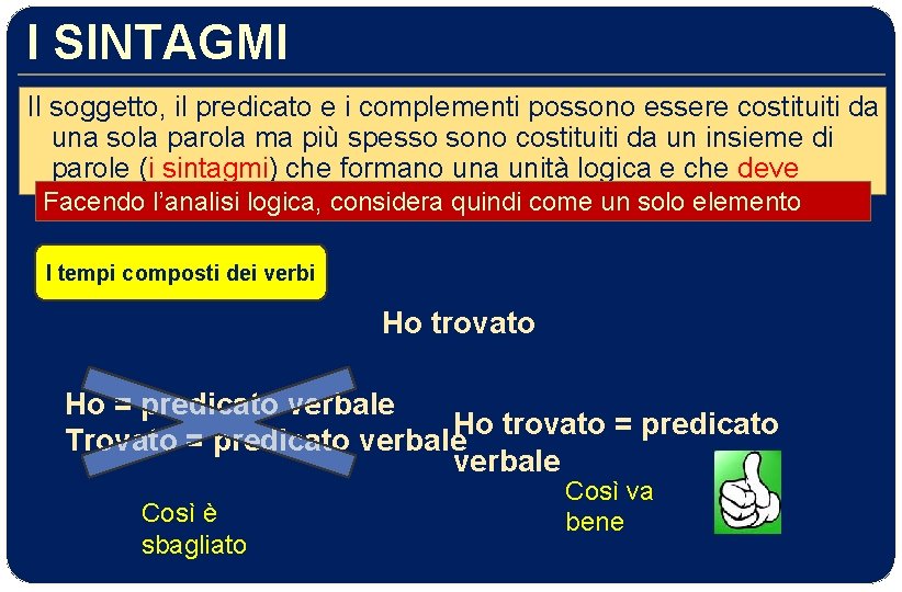 I SINTAGMI Il soggetto, il predicato e i complementi possono essere costituiti da una