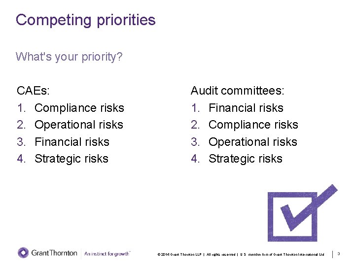 Competing priorities What's your priority? CAEs: 1. Compliance risks 2. Operational risks 3. Financial