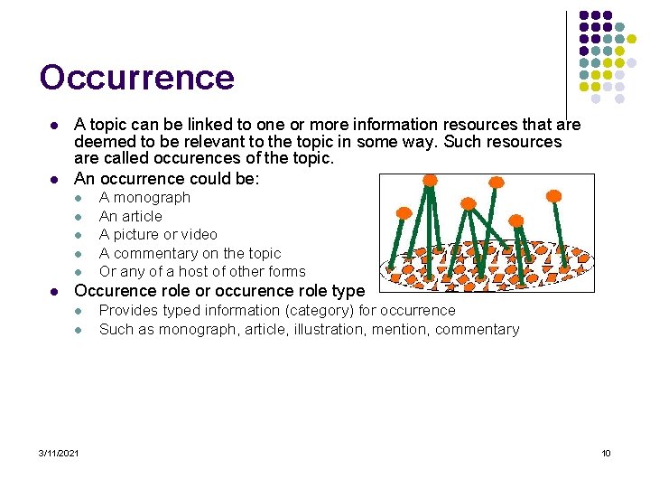 Occurrence l l A topic can be linked to one or more information resources Occurrence l l A topic can be linked to one or more information resources