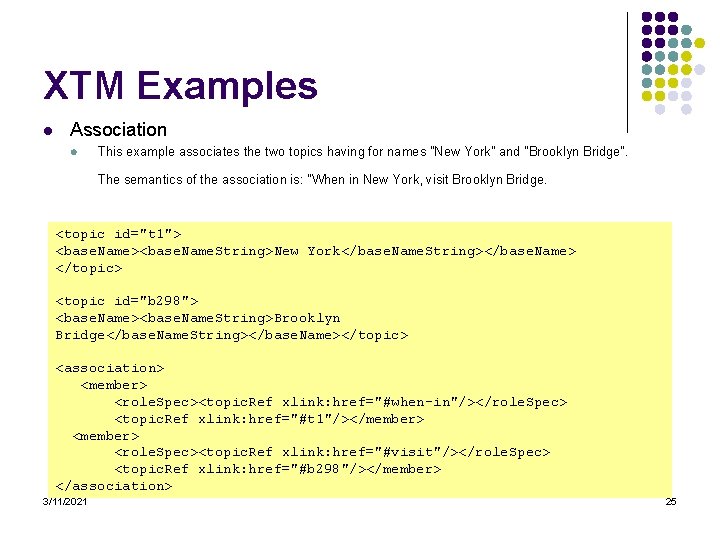 XTM Examples l Association l This example associates the two topics having for names