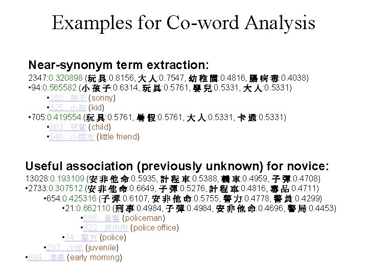 Examples for Co-word Analysis Near-synonym term extraction: 2347: 0. 320898 (玩 具: 0. 8156,