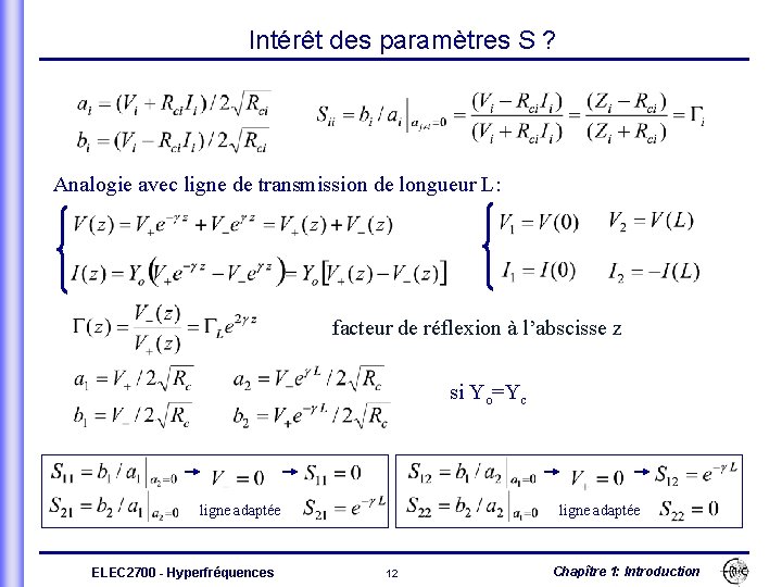 Intérêt des paramètres S ? Analogie avec ligne de transmission de longueur L: facteur