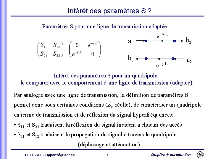 Intérêt des paramètres S ? Paramètres S pour une ligne de transmission adaptée: a