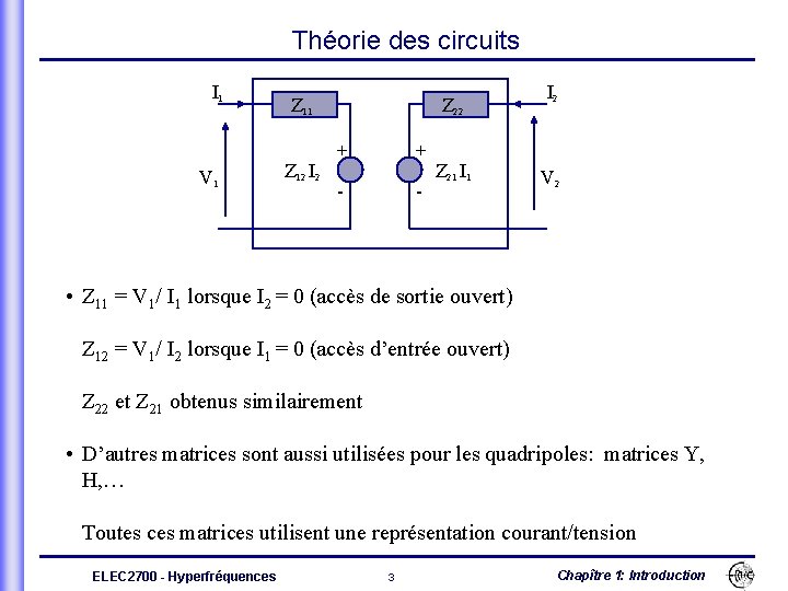 Théorie des circuits I 1 V 1 Z 12 I 2 Z 22 +