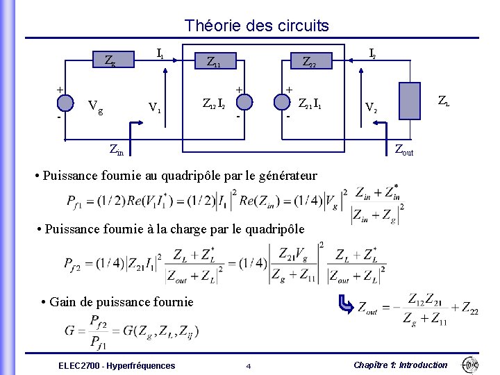 Théorie des circuits Zg + - Vg I 1 V 1 Z 12 I