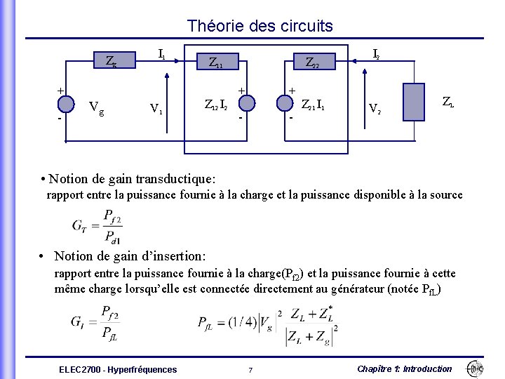 Théorie des circuits Zg + - Vg I 1 V 1 Z 12 I