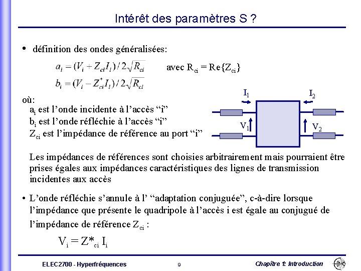 Intérêt des paramètres S ? • définition des ondes généralisées: ai = (Vi +