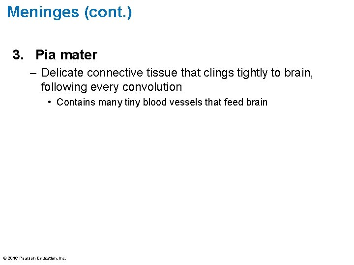 Meninges (cont. ) 3. Pia mater – Delicate connective tissue that clings tightly to Meninges (cont. ) 3. Pia mater – Delicate connective tissue that clings tightly to