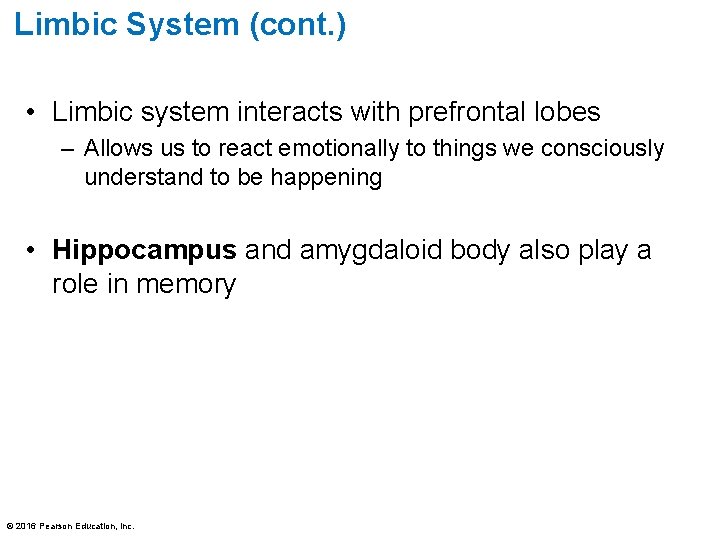 Limbic System (cont. ) • Limbic system interacts with prefrontal lobes – Allows us Limbic System (cont. ) • Limbic system interacts with prefrontal lobes – Allows us