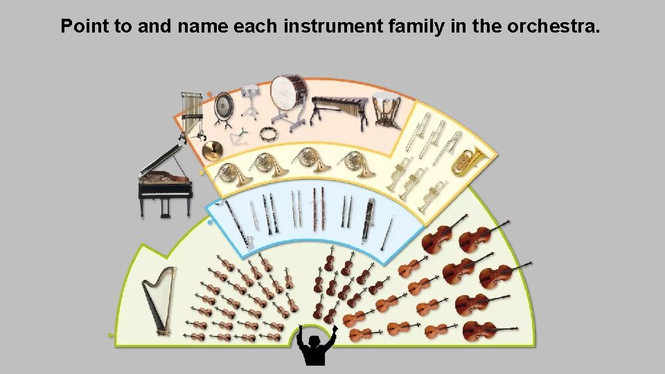 Point to and name each instrument family in the orchestra. 