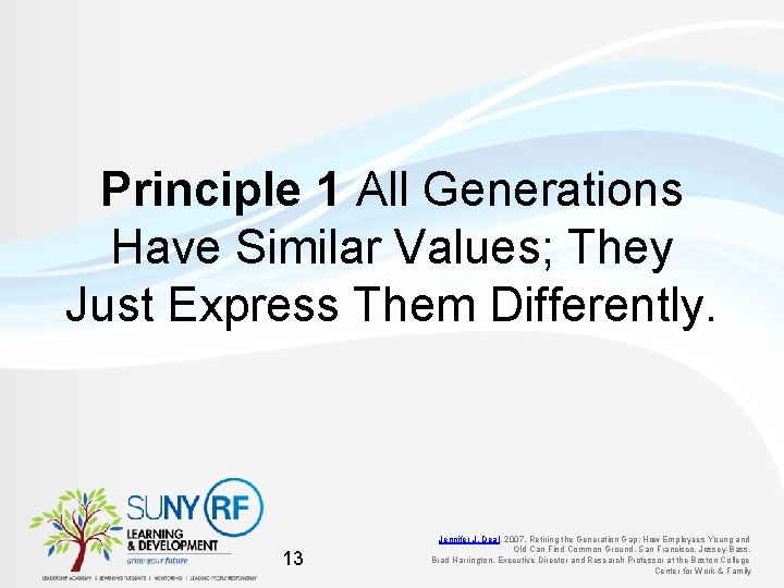 Principle 1 All Generations Have Similar Values; They Just Express Them Differently. 13 Jennifer