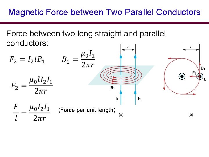 Magnetic Force between Two Parallel Conductors Force between two long straight and parallel conductors: