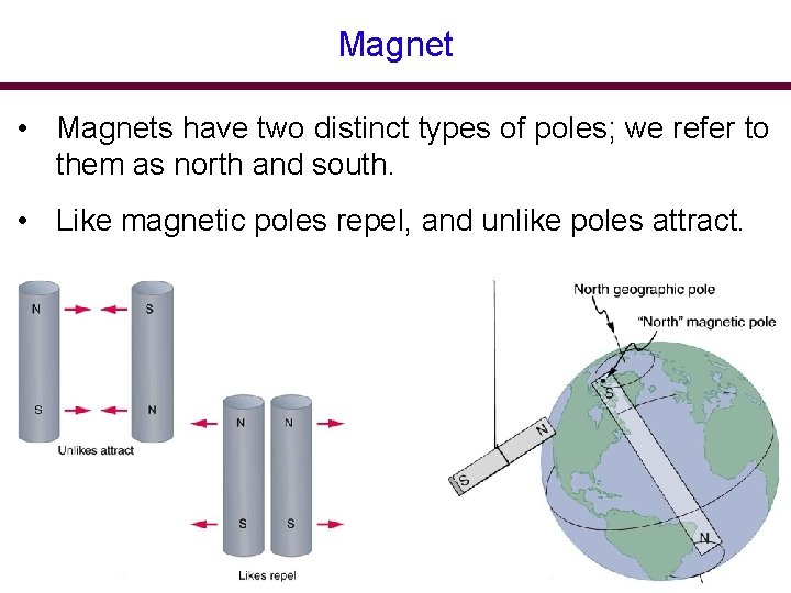 Magnet • Magnets have two distinct types of poles; we refer to them as