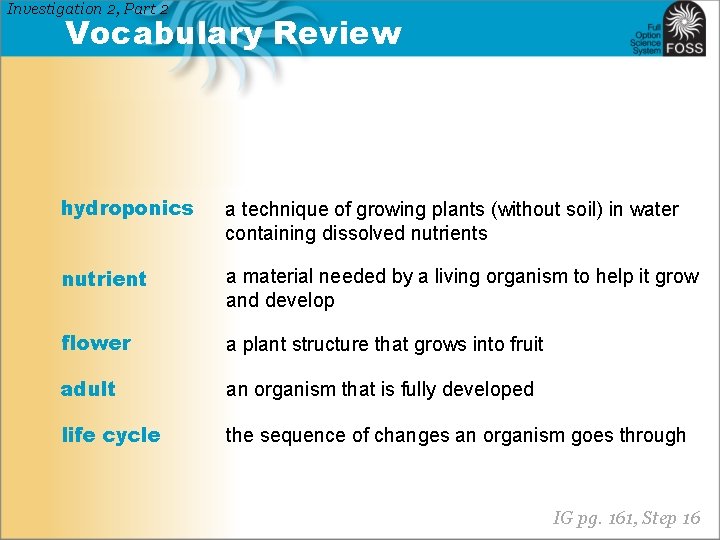 Investigation 2, Part 2 Vocabulary Review hydroponics a technique of growing plants (without soil)