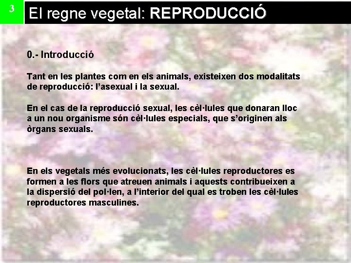 3 El regne vegetal: REPRODUCCIÓ 0. - Introducció Tant en les plantes com en