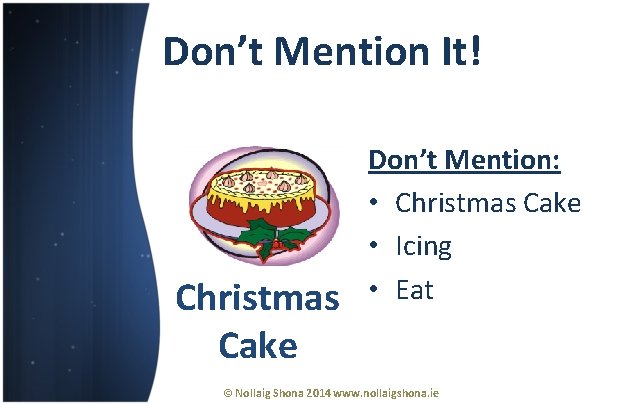 Don’t Mention It! Christmas Cake Don’t Mention: • Christmas Cake • Icing • Eat