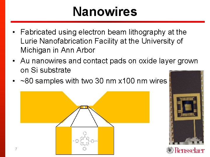 Nanowires • Fabricated using electron beam lithography at the Lurie Nanofabrication Facility at the