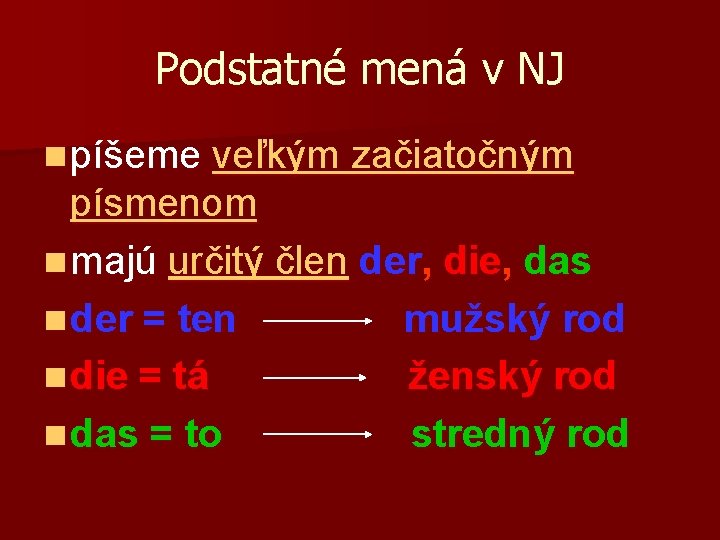 Podstatné mená v NJ n píšeme veľkým začiatočným písmenom n majú určitý člen der,