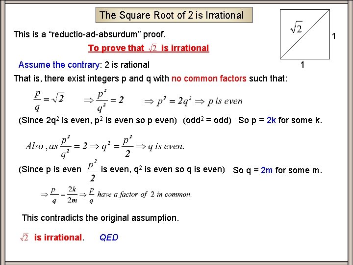 The Square Root of 2 is Irrational This is a “reductio-ad-absurdum” proof. To prove