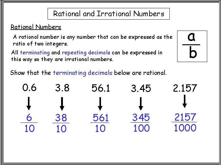 Rational and Irrational Numbers Rational Numbers A rational number is any number that can