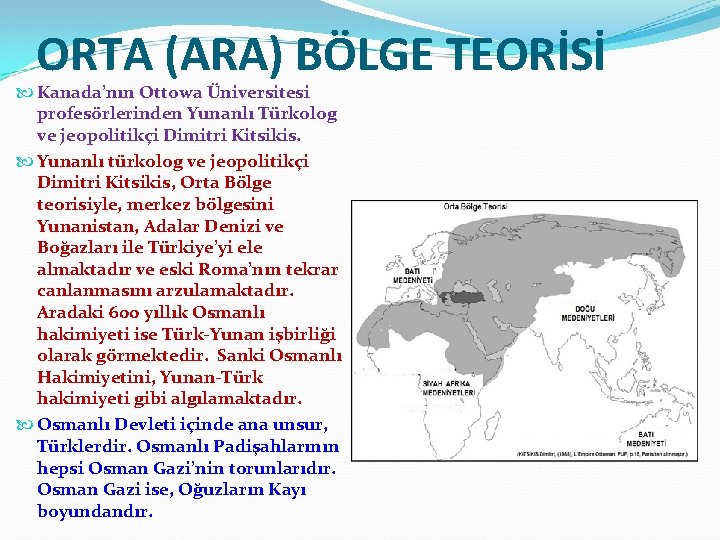 ORTA (ARA) BÖLGE TEORİSİ Kanada’nın Ottowa Üniversitesi profesörlerinden Yunanlı Türkolog ve jeopolitikçi Dimitri Kitsikis.