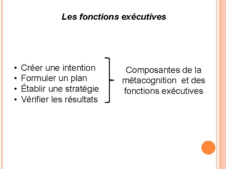 Les fonctions exécutives • • Créer une intention Formuler un plan Établir une stratégie