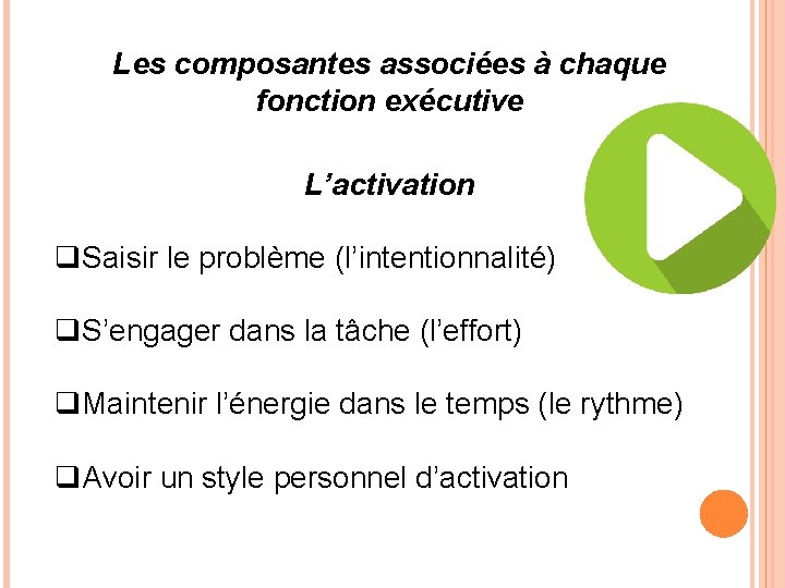 Les composantes associées à chaque fonction exécutive L’activation q. Saisir le problème (l’intentionnalité) q.