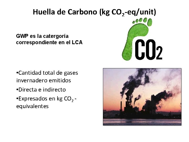 Huella de Carbono (kg CO 2 -eq/unit) GWP es la catergoría correspondiente en el