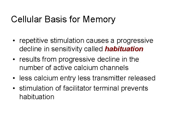 Cellular Basis for Memory • repetitive stimulation causes a progressive decline in sensitivity called