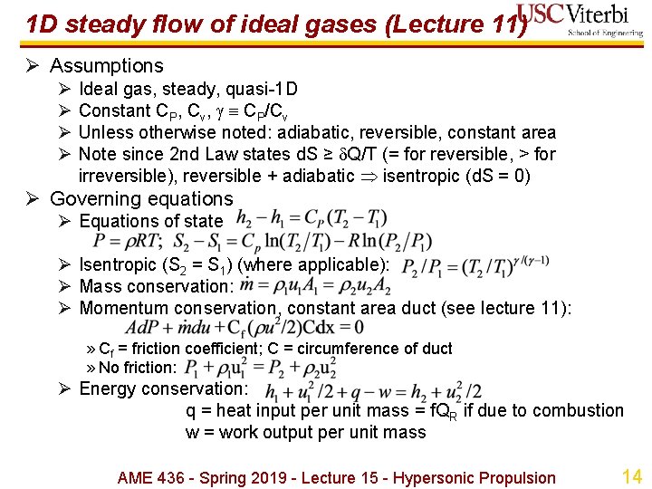 1 D steady flow of ideal gases (Lecture 11) Ø Assumptions Ø Ø Ideal