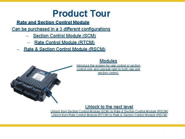 Product Tour Rate and Section Control Module Can be purchased in a 3 different